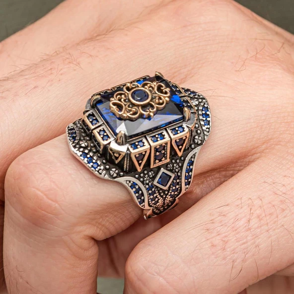 Lacivert Taşlı Çiçek Motifli 925 Gümüş Yüzük Erkek - 3