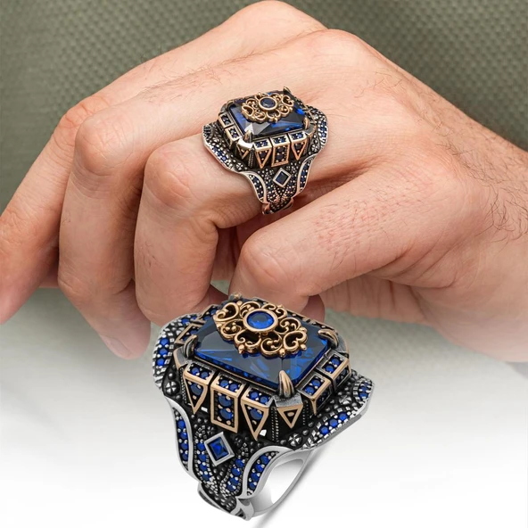 Lacivert Taşlı Çiçek Motifli 925 Gümüş Yüzük Erkek