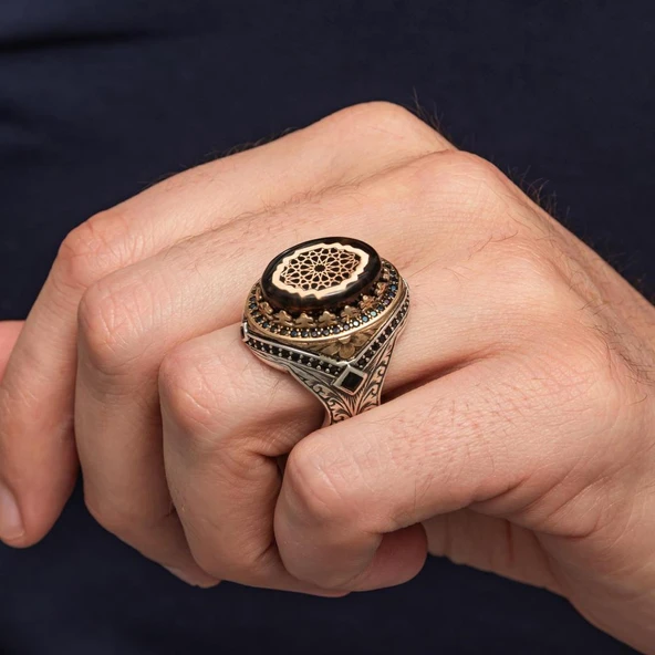 Sıkma Kehribar Taşlı 925 Erkek Gümüş Yüzük - 7