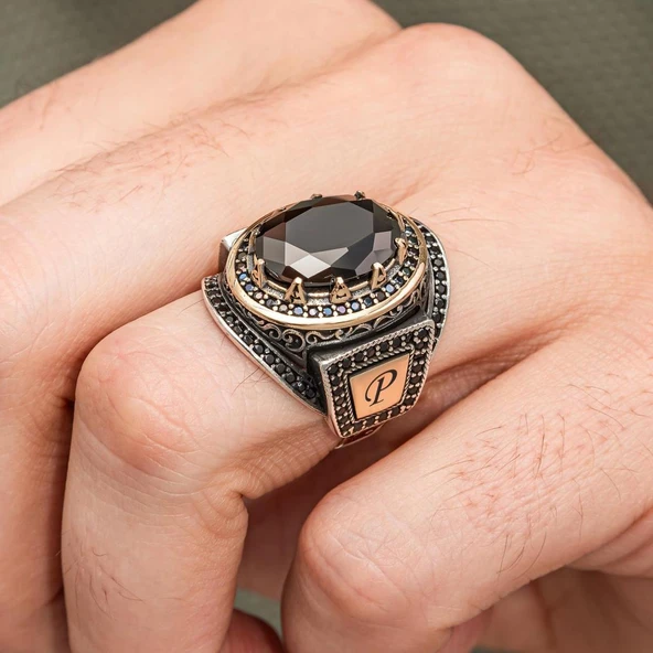 Siyah Taşlı Harfli 925 Gümüş Yüzük Erkek - Resim 4