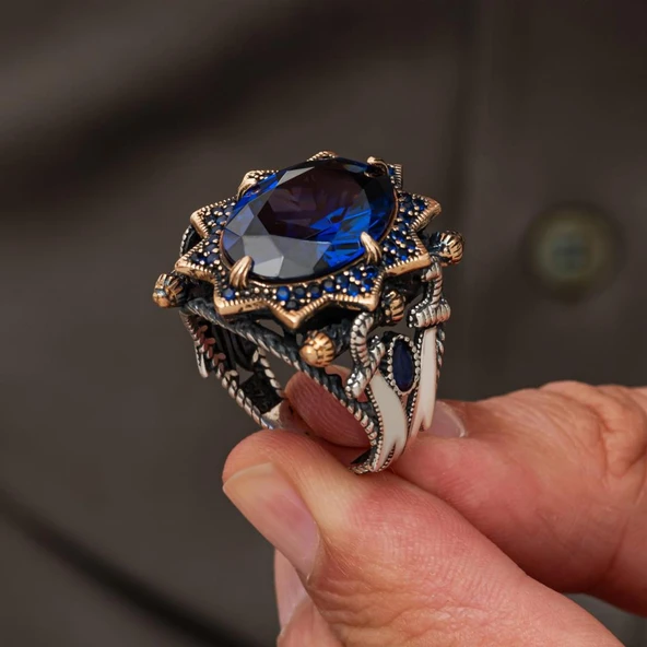 Kılıç Motif Lacivert Taşlı 925 Ayar Erkek Gümüş Yüzük - Resim 3