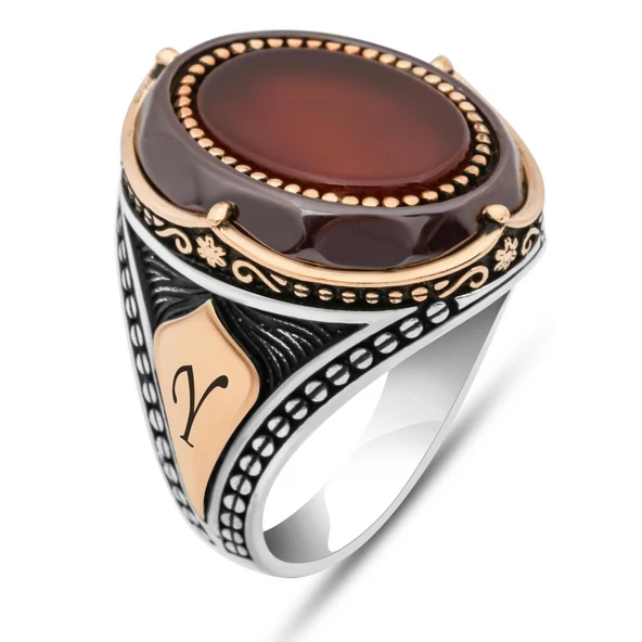 Oval Akik Taşlı Harfli 925 Gümüş Yüzük Erkek - Resim 2