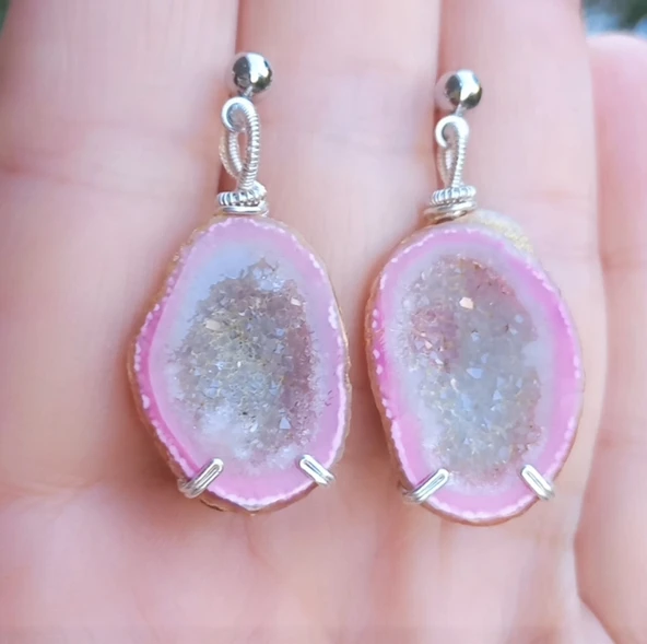 2069 Açık pembe druzeli kristal Jeod el yapımı küpe - 6
