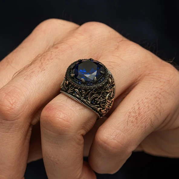 Yuvarlak Lacivert Taşlı 925 Erkek Gümüş Yüzük - Resim 5