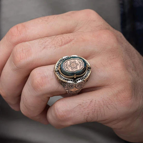 Mührü Süleyman İşeme Mavi Taşlı 925 Gümüş Erkek Yüzük - Resim 14