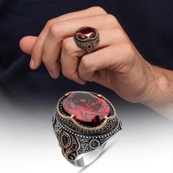 Oval Kırmızı Zirkon Taşlı 925 Erkek Gümüş Yüzük ürün görseli