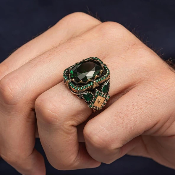 Yeşil Taşlı Harfli 925 Erkek Gümüş Yüzük - Resim 5