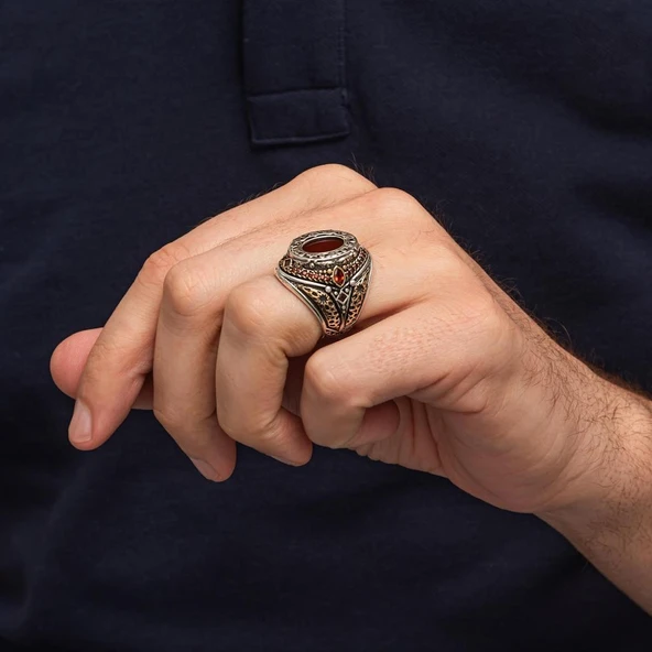 Oval Akik Taşlı 925 Gümüş Erkek Yüzük - Resim 4