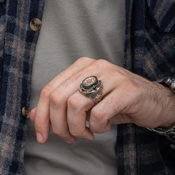 Mührü Süleyman İşeme Mavi Taşlı 925 Gümüş Erkek Yüzük - Resim 8