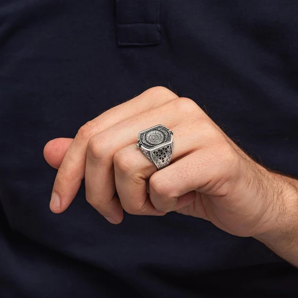 Hz. Süleyman Mührü Çift Taraflı 925 Erkek Gümüş Yüzük - Resim 11