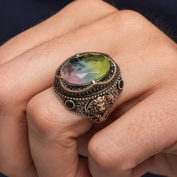 Çok Renkli Taşlı 925 Gümüş Yüzük Erkek - Resim 5