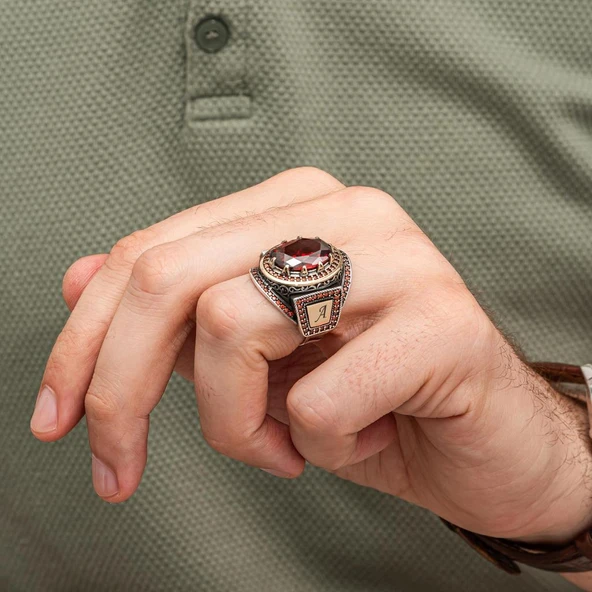 Kırmızı Taşlı Harfli 925 Gümüş Yüzük Erkek - 6