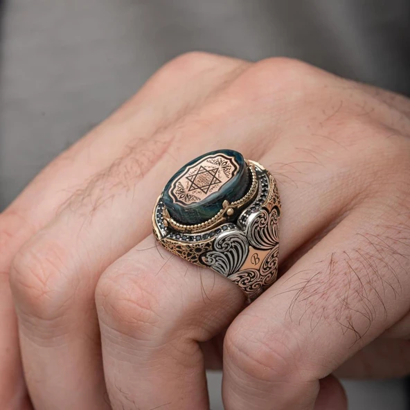 Mührü Süleyman İşeme Mavi Taşlı 925 Gümüş Erkek Yüzük - Resim 3