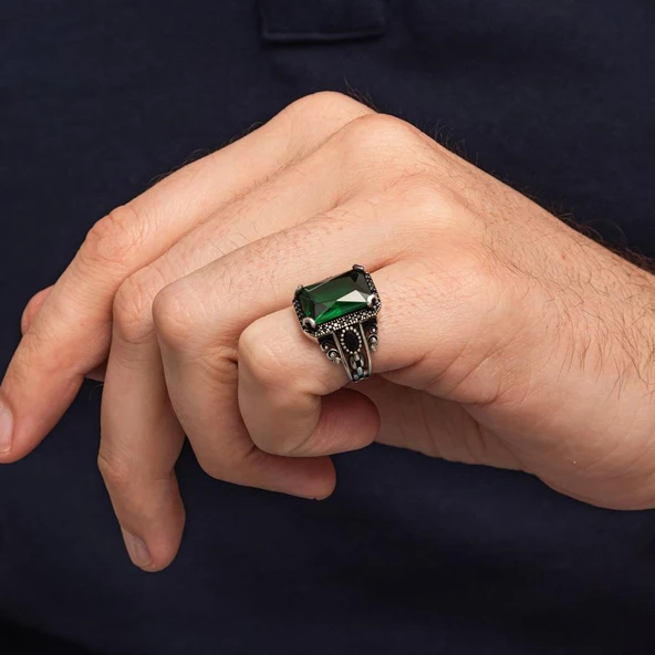 Yeşil Taşlı 925 Gümüş Serçe Parmak Erkek Yüzük - Resim 6