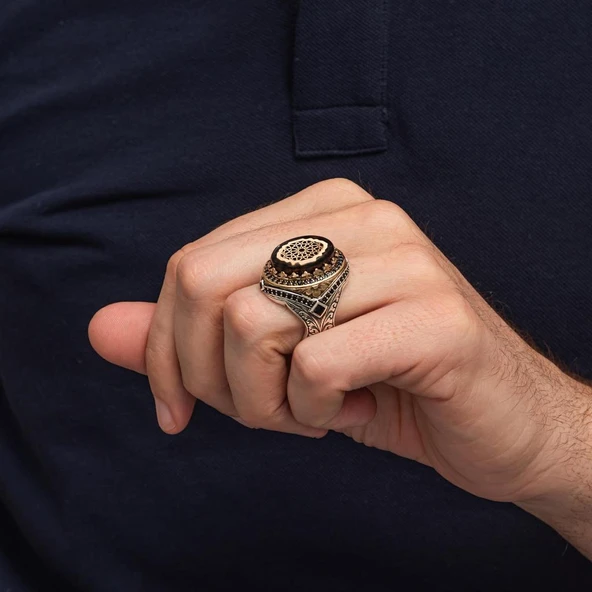Sıkma Kehribar Taşlı 925 Erkek Gümüş Yüzük - 6