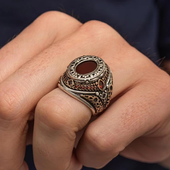 Oval Akik Taşlı 925 Gümüş Erkek Yüzük - Resim 3