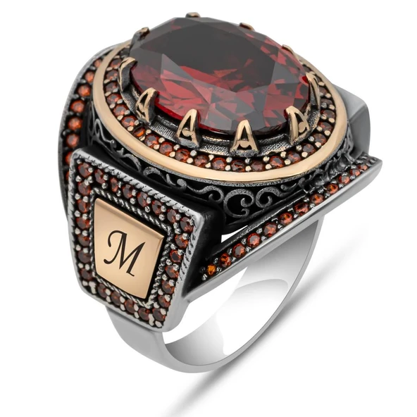 Kırmızı Taşlı Harfli 925 Gümüş Yüzük Erkek - 2