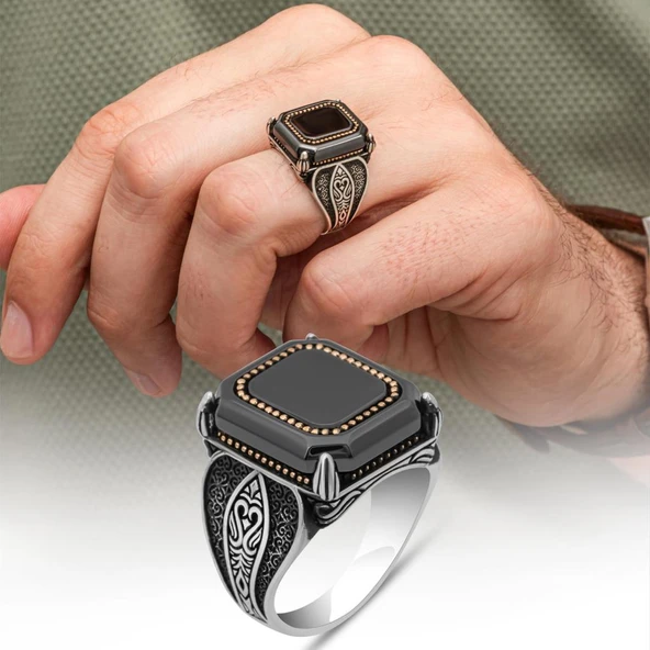 Kare Siyah Onix Taşlı 925 Gümüş Yüzük Erkek ürün görseli