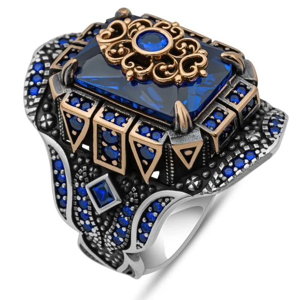 Lacivert Taşlı Çiçek Motifli 925 Gümüş Yüzük Erkek - 2