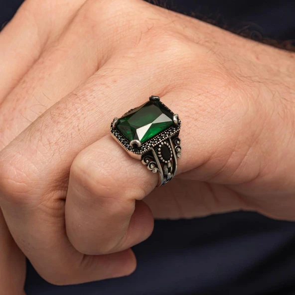 Yeşil Taşlı 925 Gümüş Serçe Parmak Erkek Yüzük - Resim 4