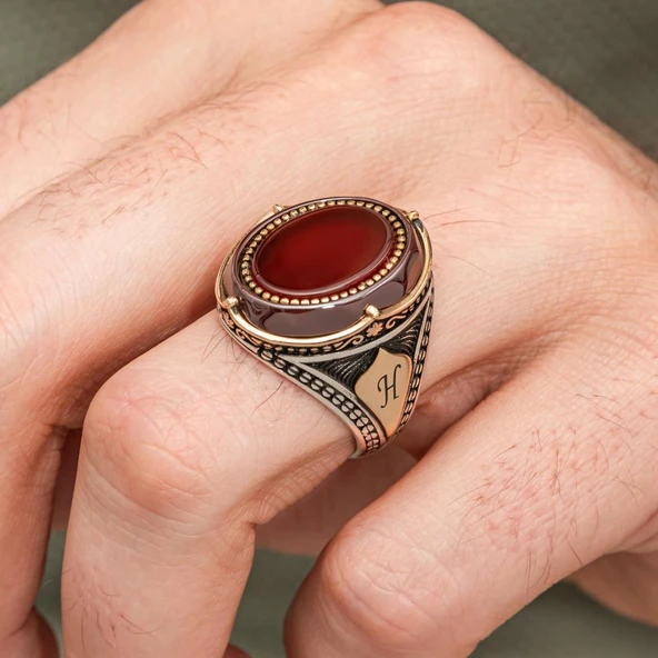 Oval Akik Taşlı Harfli 925 Gümüş Yüzük Erkek - Resim 5