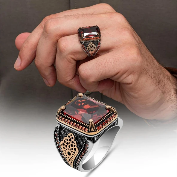 Kırmızı Zirkon Taşlı 925 Gümüş Yüzük Erkek ürün görseli