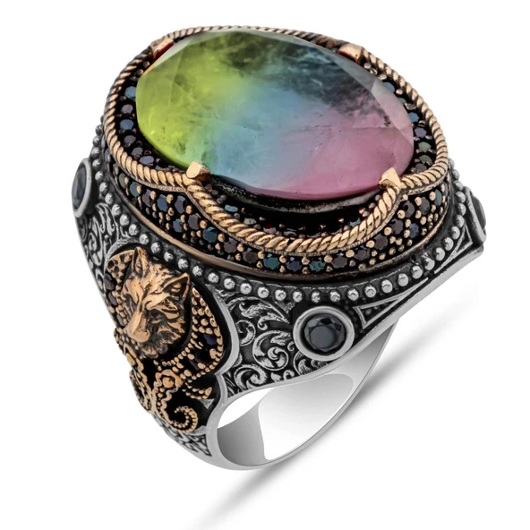 Çok Renkli Taşlı 925 Gümüş Yüzük Erkek - Resim 2