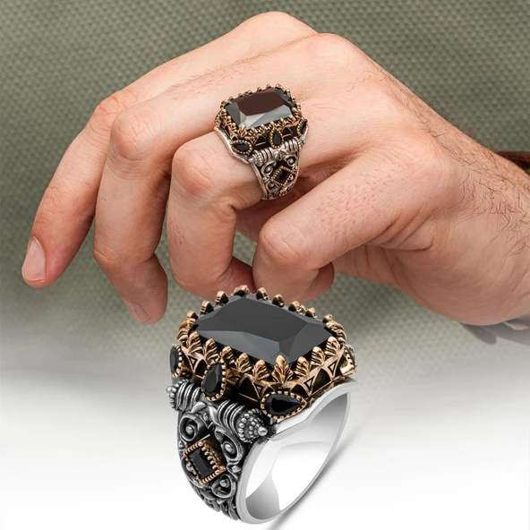 Siyah Taşlı 925 Erkek Gümüş Yüzük Erkek ürün görseli