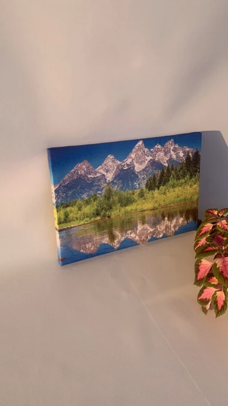 Ağaç Dağ Ve Nehir Manzaralı Natürel Ahşap Çerçeve Ev İşyeri Ofis Duvar Kanvas Tablo MNZ8 - 4
