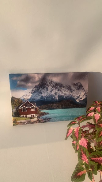 Dağ Ev Ve Göl Manzaralı Natürel Ahşap Çerçeve Ev İşyeri Ofis Duvar Kanvas Tablo MNZ10 - Resim 4