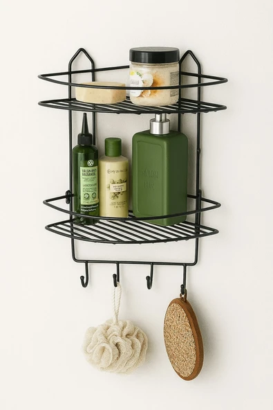 Paslanmaz Siyah Yapışkanlı Banyo Köşeliği Düzenleyici, Şampuanlık, Duş Rafı 2 Katlı EK-02 - Resim 5