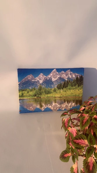 Ağaç Dağ Ve Nehir Manzaralı Natürel Ahşap Çerçeve Ev İşyeri Ofis Duvar Kanvas Tablo MNZ8 - 7