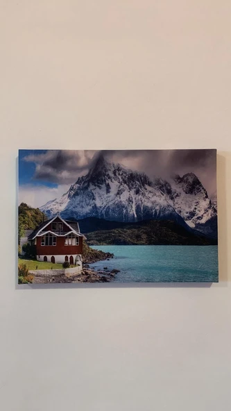 Dağ Ev Ve Göl Manzaralı Natürel Ahşap Çerçeve Ev İşyeri Ofis Duvar Kanvas Tablo MNZ10 - Resim 3