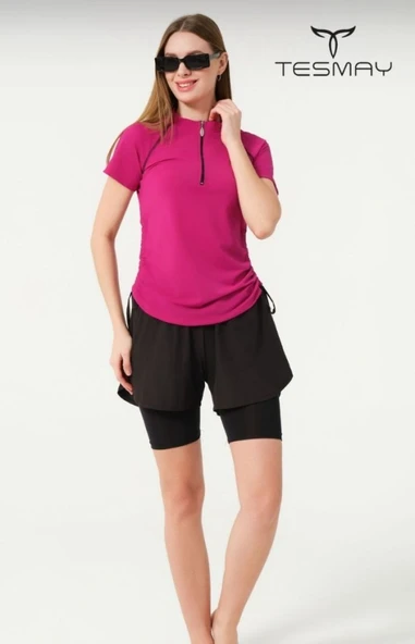 Tesmay 24156 Fuşya Kısa Kol Yarım Fermuarlı Hızlı Kuruyan Kumaş Şortlu Taytlı Yarı Kapalı Mayo ürün görseli