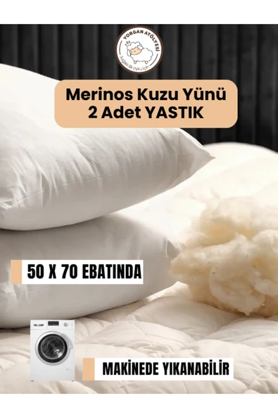 2'li Kuzu Yünü Yastık Seti 50x70 cm - %100 Doğal Yün, 1000 gr, Nefes Alır, Terletmez, Konforlu Uyku