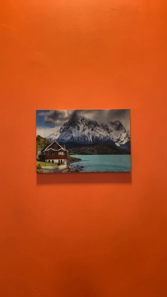 Dağ Ev Ve Göl Manzaralı Natürel Ahşap Çerçeve Ev İşyeri Ofis Duvar Kanvas Tablo MNZ10 - Resim 2
