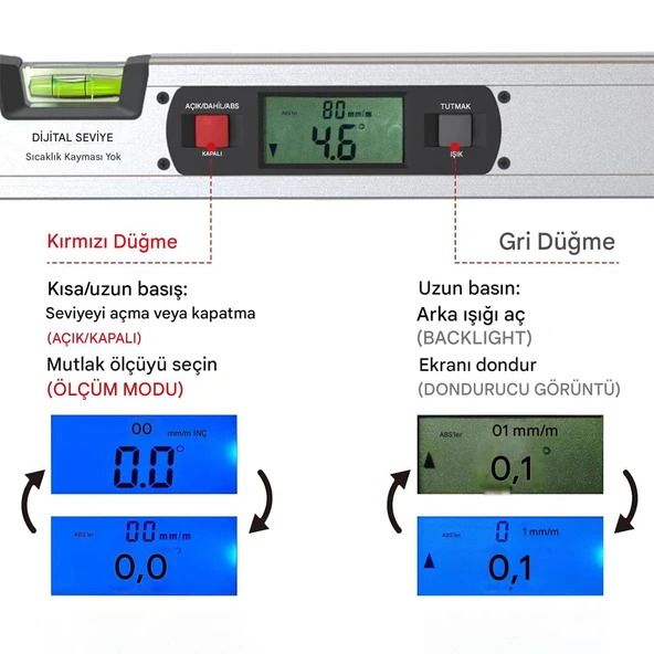Dijital Lcd Ekranlı Su Terazisi 40 cm 400mm Hassas Elektronik Açı Ölçer Alüminyum Gövde Gönye Cihazı - 5