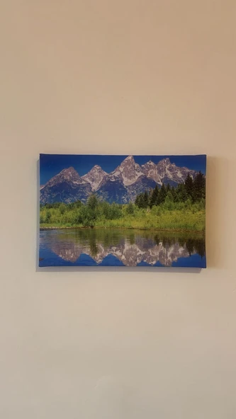 Ağaç Dağ Ve Nehir Manzaralı Natürel Ahşap Çerçeve Ev İşyeri Ofis Duvar Kanvas Tablo MNZ8 - 3