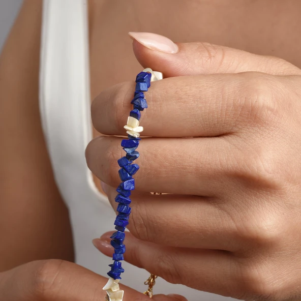 14 Ayar Altın Kaplama Doğal Lapis Lazuli ve Beyaz Kırık Taş Gümüş Bileklik - BS00100 - 4