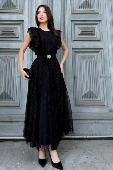 Straplez Yaka Omuz Fırfır Detaylı Kemerli Abiye Elbise 2282-Siyah ürün görseli