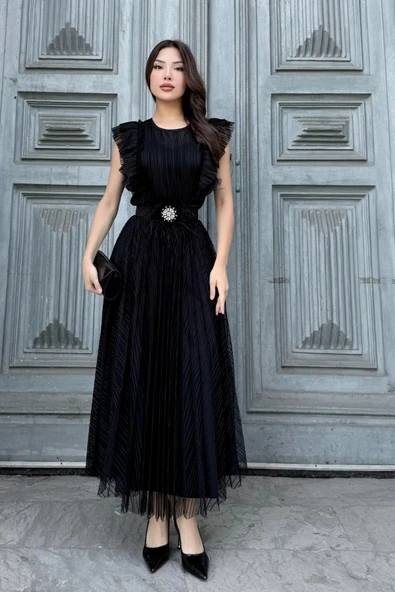 Straplez Yaka Omuz Fırfır Detaylı Kemerli Abiye Elbise 2282-Siyah - Resim 5