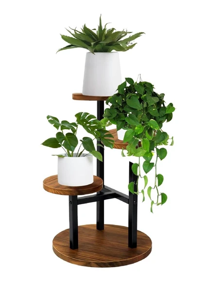Çiçeklik 3 Raflı Saksılık Dekoratif 3 Raflı Çiçeklik Metal Doğal Ahşap Saksılık Çiçek Rafı Daire Model