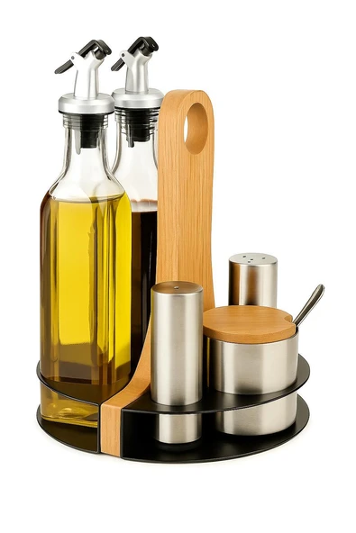 Metal Ahşap Standlı Tezgah Üstü Baharatlık Ve Yağdanlık Seti - 2'lü Cam Yağlık Ve 3'lü Paslanmaz Baharatlık