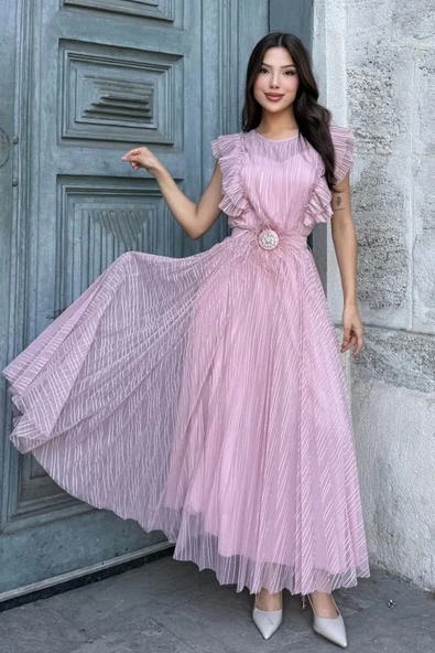 Straplez Yaka Omuz Fırfır Detaylı Kemerli Abiye Elbise 2282-Pudra - Resim 3