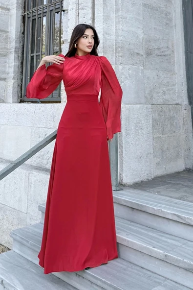 Göğüs Büzgü Detaylı Arkadan Bağlamalı Abiye Elbise 2287-Kırmızı - Resim 3
