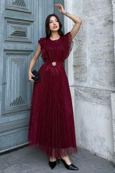 Straplez Yaka Omuz Fırfır Detaylı Kemerli Abiye Elbise 2282-Bordo ürün görseli