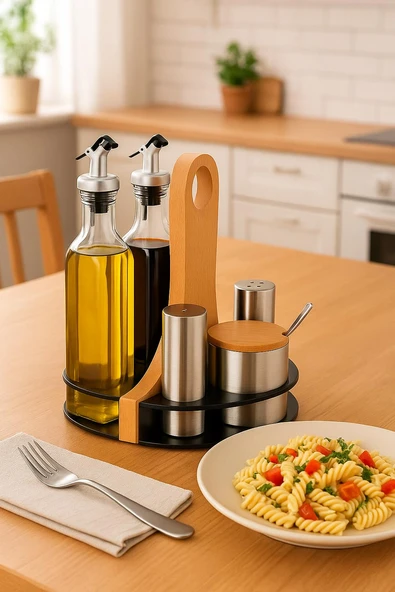 Metal Ahşap Standlı Tezgah Üstü Baharatlık Ve Yağdanlık Seti - 2'lü Cam Yağlık Ve 3'lü Paslanmaz Baharatlık - 2