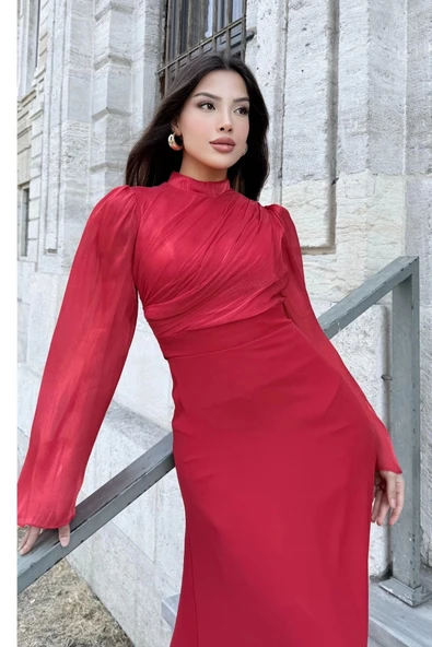 Göğüs Büzgü Detaylı Arkadan Bağlamalı Abiye Elbise 2287-Kırmızı - Resim 4