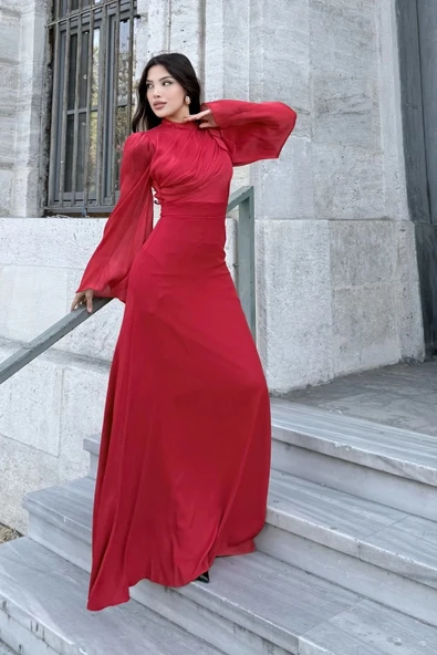 Göğüs Büzgü Detaylı Arkadan Bağlamalı Abiye Elbise 2287-Kırmızı - Resim 2