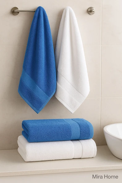 4 Parça Ekonomik Banyo Havlu Takımı %100 Pamuklu Quickdry Mavi - 5